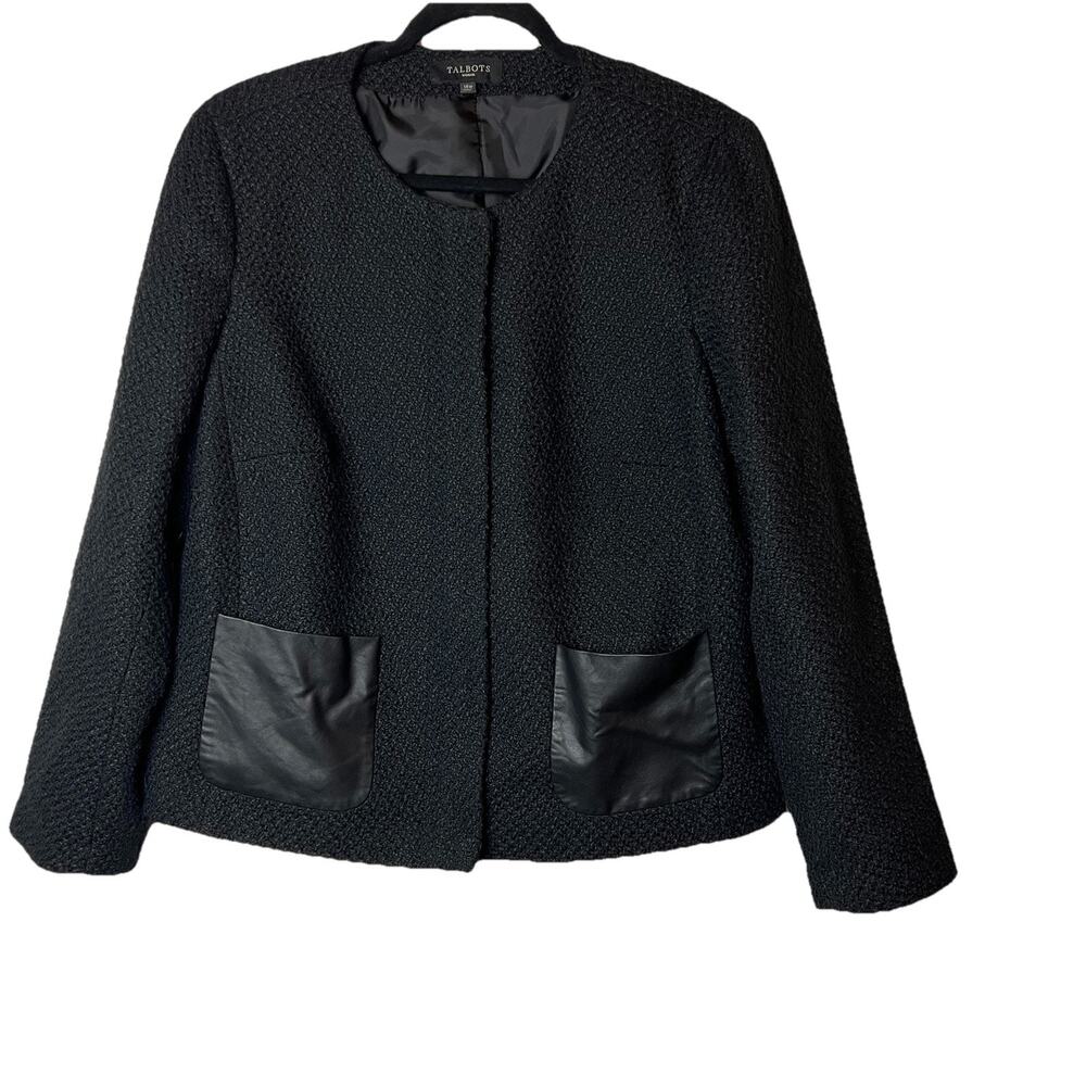 Talbots Black Tweed Faux Leather Pockets Front Full Zip Blazer Jacket 14W